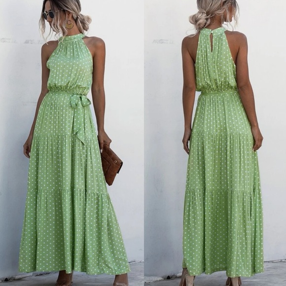 Belted boho ruffle halter maxi dress dot leopard print navy blue - Picture 3 of 7